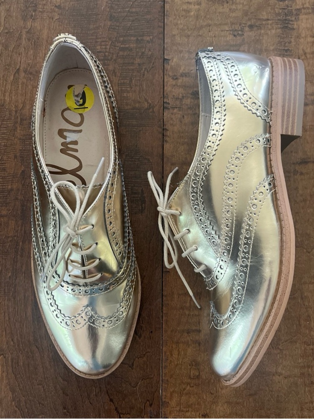 Sam Edelman metalic gold Jerome oxfords, laser-cut scalloped wingtip brogues